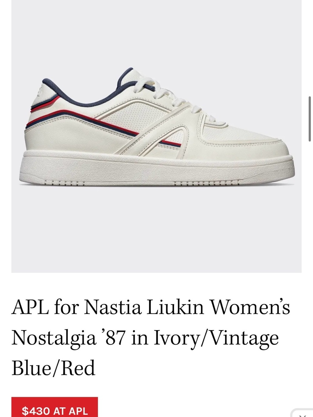 APL x Nastia Liukin Nostalgia ’87 Women's Sneaker - Ivory with Blue & Red Trim